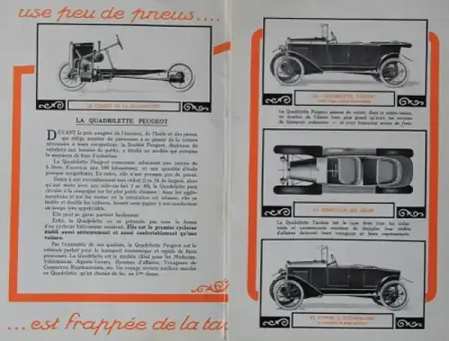 Peugeot La Quadrilette Modellprogramm 1920 Automobilprospekt (5349)