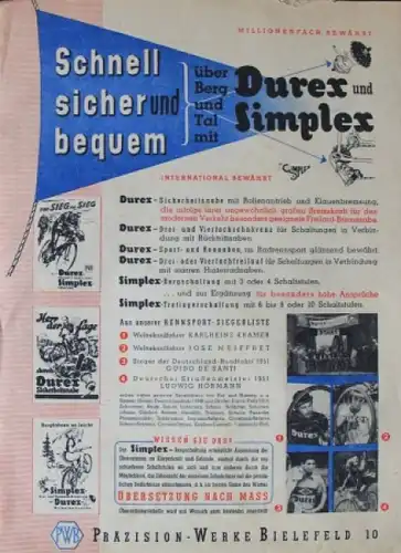 Durex Rennaben 1950 "Schnell, sicher und bequem über Berg und Tal" kompletter Block Zubehörprospekt  (5571)