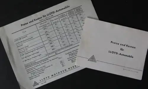 Lloyd Automobile 1958 "Preise und Kosten" Automobil-Preislisten (6342)