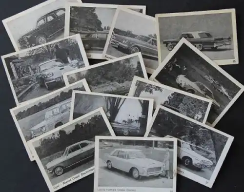 Sammelbilder 13 verschiedene europäischer Automobile 1965 Karton (6826)