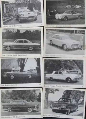 Sammelbilder 13 verschiedene europäischer Automobile 1965 Karton (6826)