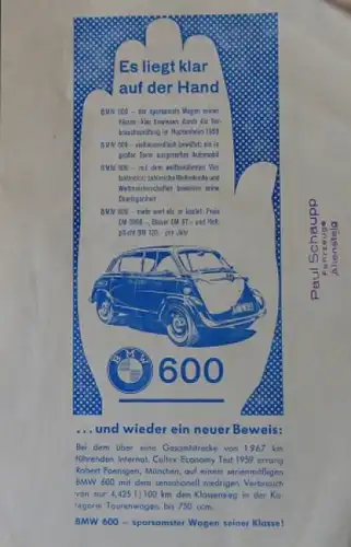 BMW 600 Modellprogramm 1958 "Es liegt klar auf der Hand" Automobilprospekt (7495)