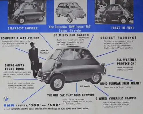 BMW Isetta 300 - 600 Modellprogramm 1958 "the most exciting car" Automobilprospekt (0218)