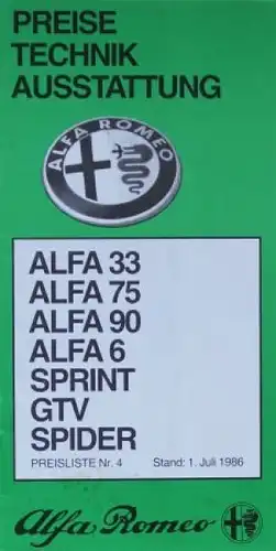 Alfa Romeo Modellprogramm 1986 "Technische Ausstattung" Automobilprospekt (0147)