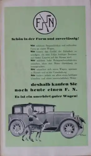 FN Automobile Modellprogramm 1926 "Schön in der Form und Zuverlässig" Automobilprospekt (0576)