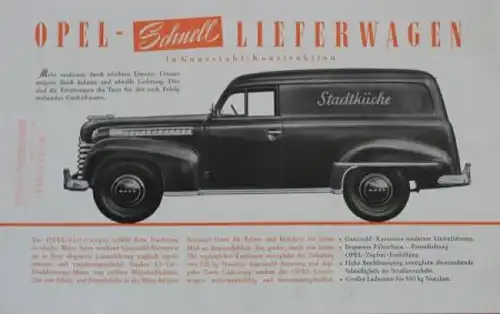 Opel Schnell-Lieferwagen 1,5 Liter Modellprogramm 1950 Automobilprospekt (0823)