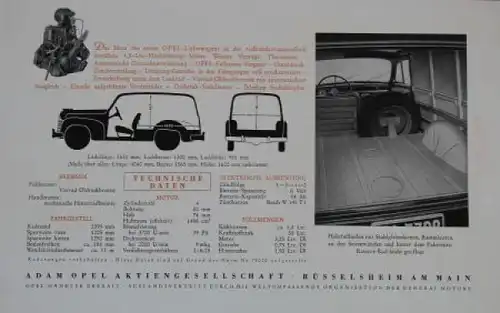 Opel Schnell-Lieferwagen 1,5 Liter Modellprogramm 1950 Automobilprospekt (0823)