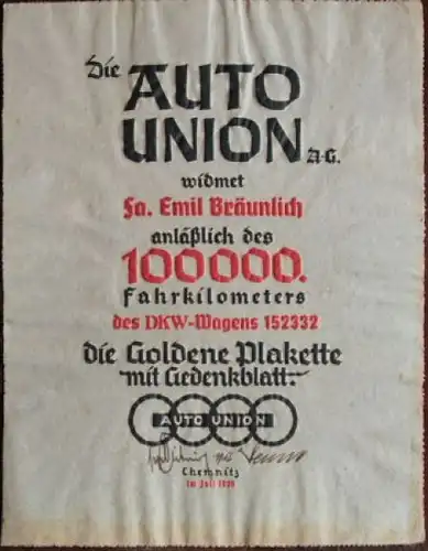 Auto-Union 1939 Urkunde 100.000 km Büttenpapier (3597)