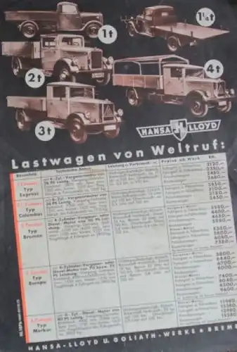 Hansa-Lloyd Diesel Modellprogramm 1936 Lastwagenprospekt (3741)