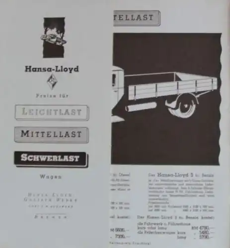 Hansa-Lloyd Diesel Preisliste 1938 Lastwagenprospekt (3738)