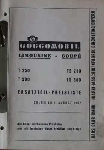 Glas Goggomobil T 250 - T 300 Ersatzteil-Katalog 1957 (4108)