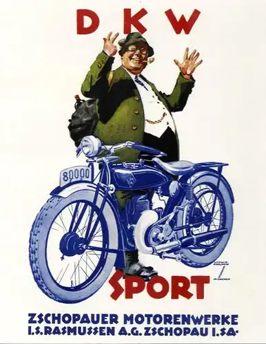 DKW Sport Motorrad 1928 Zschopauer Motorenwerke Hohlwein original Werbeplakat (4343)