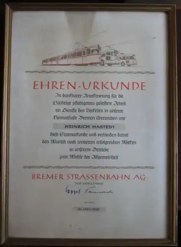 Bremer Straßenbahn Ehren-Urkunde 1949 gerahmt (4427)