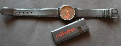 Melitta Montana Schweizer Werbe-Uhr und Feuerzeug 1990 limitierte Auflage in Originalbox (7013)
