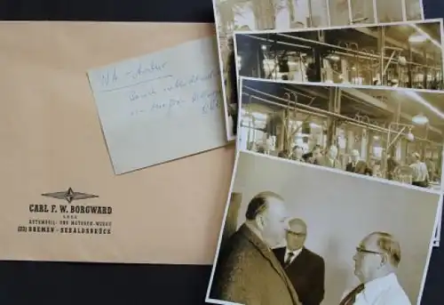 Carl Borgward mit Ministerpräsident Hellwege 1958 sechs Werksfotos mit Originalumschlag (2431)