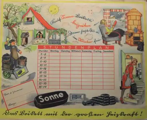 Sonne Briketts Stundenplan 1938  "Die Briketts mit der großen Heizkraft" (2573)