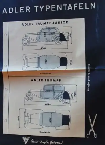 Adler Trumpf Typentafeln 1936 "Merkblätter für den Adler-Dienst" Automobilprospekt (3448)