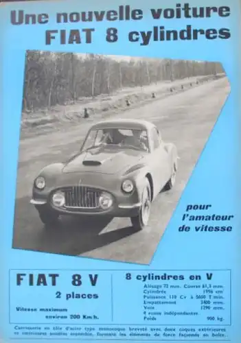 Fiat 8V 2 Places 8 Cylindres Modellprogramm 1953 Automobilprospekt (4124)