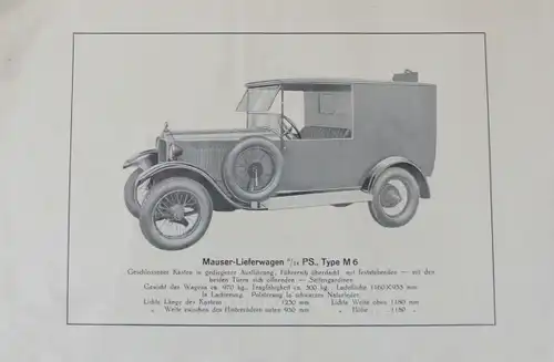 Mauser Typ M 6/24 PS Lieferwagen Modellprogramm 1926 Automobilprospekt (4945)