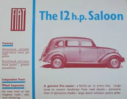Fiat 12 HP Modellprogramm 1939 Automobilprospekt (6014)