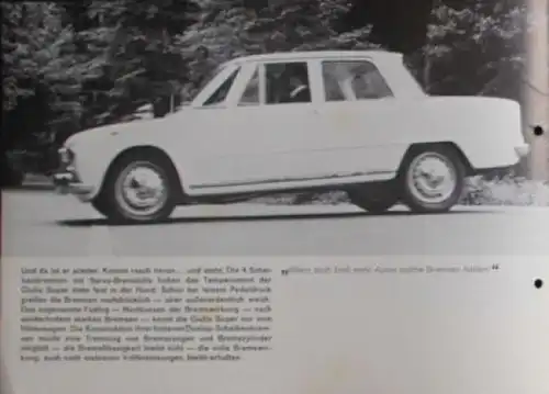 Alfa Romeo Giulia Super Modellprogramm 1965 "Was ein Lizenzfahrer zu berichten hat" Automobilprospekt (6193)