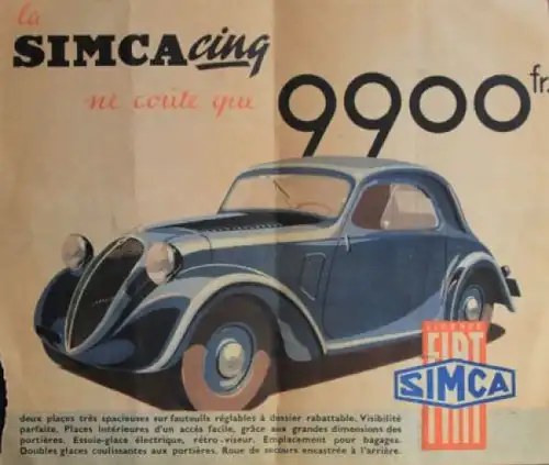 Simca Fiat Cinq Modellprogramm 1938 "Attendent une solution!" Automobilprospekt (3018)