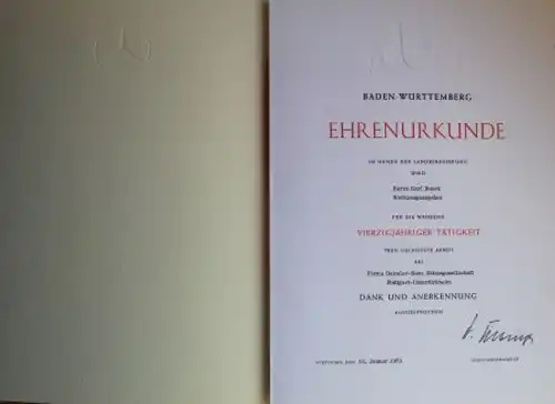 Mercedes-Benz Jubiläums-Urkundenmappe 1973 "40 Jahre bei Daimler-Benz" (3045)
