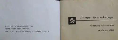 Volkswagen Käfer 1968 "Arbeitspreise für Instandsetzung" Automobilprospekt (5450)