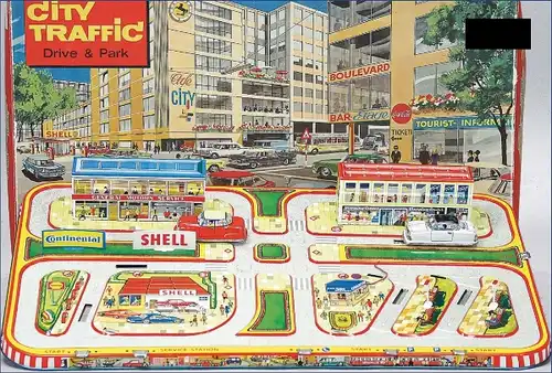 Technofix "City Traffic Drive & Park" 1960 Blechbahn mit Fahrzeugen (6387)