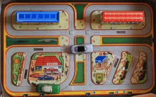 Technofix "City Traffic Drive & Park" 1960 Blechbahn mit Fahrzeugen (6387)