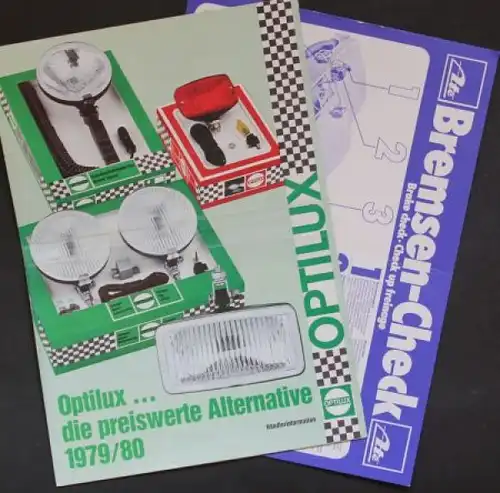 Optilux Fahrzeugscheinwerfer ATE Bremsen 1980 zwei Zubehörprospekte (5765)