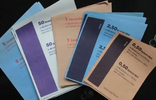 Deutsche Mark 1970 Münzrollpapier 50 Pfenning bis 5 Mark Bogen je 3 Stück (1949)