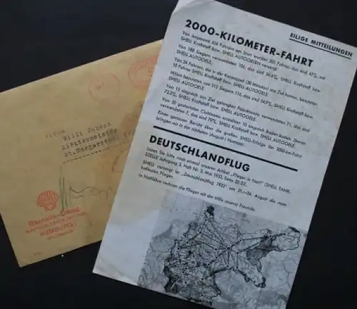 Shell Mitteilungsblatt "2000 Kilometer Fahrt" 1934 mit Originalumschlag (6686)