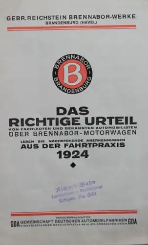 Brennabor Motorwagen Modellprogramm 1924 "Das richtige Urteil" Automobilprospekt (8059)