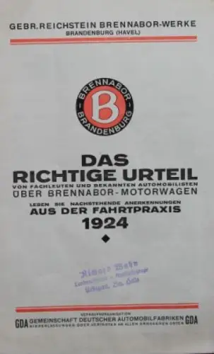 Brennabor Motorwagen Modellprogramm 1924 "Das richtige Urteil" Automobilprospekt (8059)