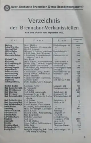 Brennabor Modellprogramm 1927 "Verzeichnis der Verkaufsstellen" Automobilprospekt (8065)