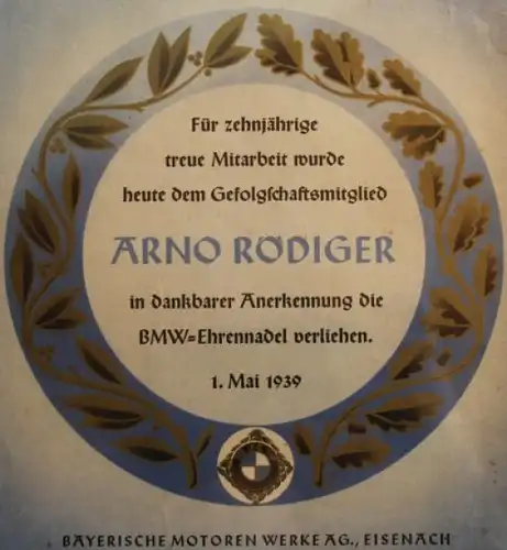 BMW Urkunde "10 Jahre Gefolgschaftsmitglied" Mai 1939 gerahmt (8169)