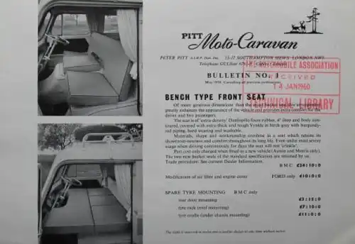 BMC Motor-Caravan Modellprogramm 1959 "Pitt Accessoires" Automobilprospekt (8553)