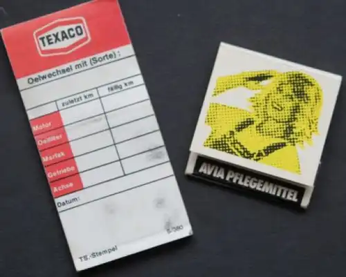 Texaco Oelwechselanhänger und Avia Pflegemittel Streichholzbrief 1969 Werbekonvolut (9269)