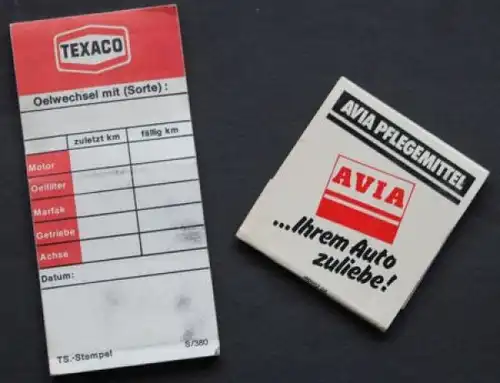 Texaco Oelwechselanhänger und Avia Pflegemittel Streichholzbrief 1969 Werbekonvolut (9269)