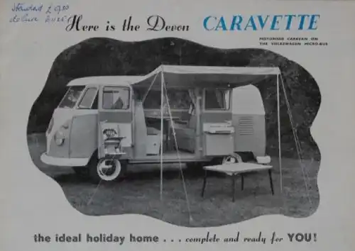 Volkswagen T1 Caravette Campingbus Modellprogramm 1962 "Here is the Devon" Automobilprospekt (2199)