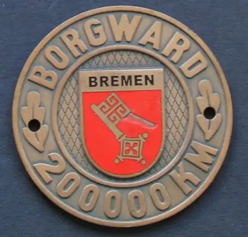 Borgward 200.000 km Plakette 1958 Messing emailliert in Originalbox (2626)