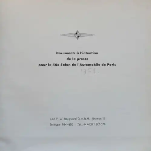 Borgward Pressemappe "Salon de l'Automobile Paris" 1959 mit Pressefotos (9259)