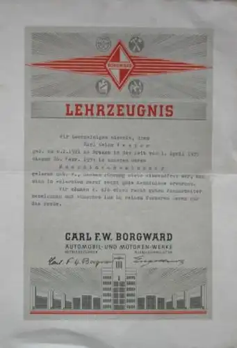 Borgward Lehrzeugnis 1939 mit Originalunterschriften und Logo (1725)