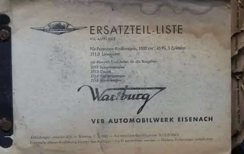 Wartburg 311 Limousine 1957 Ersatzteilliste VEB Automobilwerk (3431)