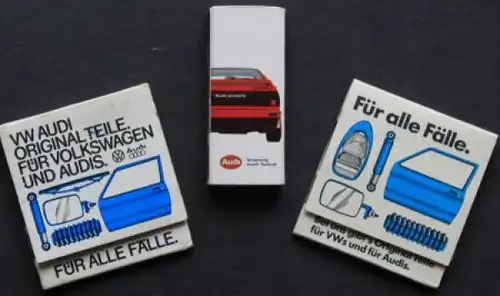 Audi Quattro Werbestreichhölzer "Vorsprung durch Technik" + "Originalteile" 1990 drei Sets (3238)