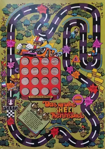 Shell Brettspiel mit 16 Automobil-Metallmünzen "Das große Shell-Rennspiel" 1970 (5215)