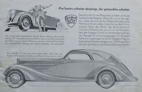 Peugeot 401 Modellprogramm 1935 "Symbol der Festigkeit" Automobilprospekt (5728)