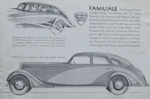 Peugeot 401 Modellprogramm 1935 "Symbol der Festigkeit" Automobilprospekt (5728)