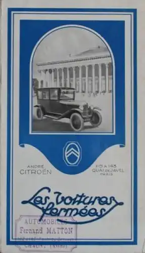 Citroen 10 HP Modellprogramm 1922 "Les Voitures fermees" Automobilprospekt (7722)